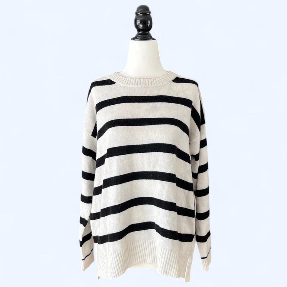 Massimo Dutto Striped Breton Wool Blend Black Cream Sweater Preppy Minimalist